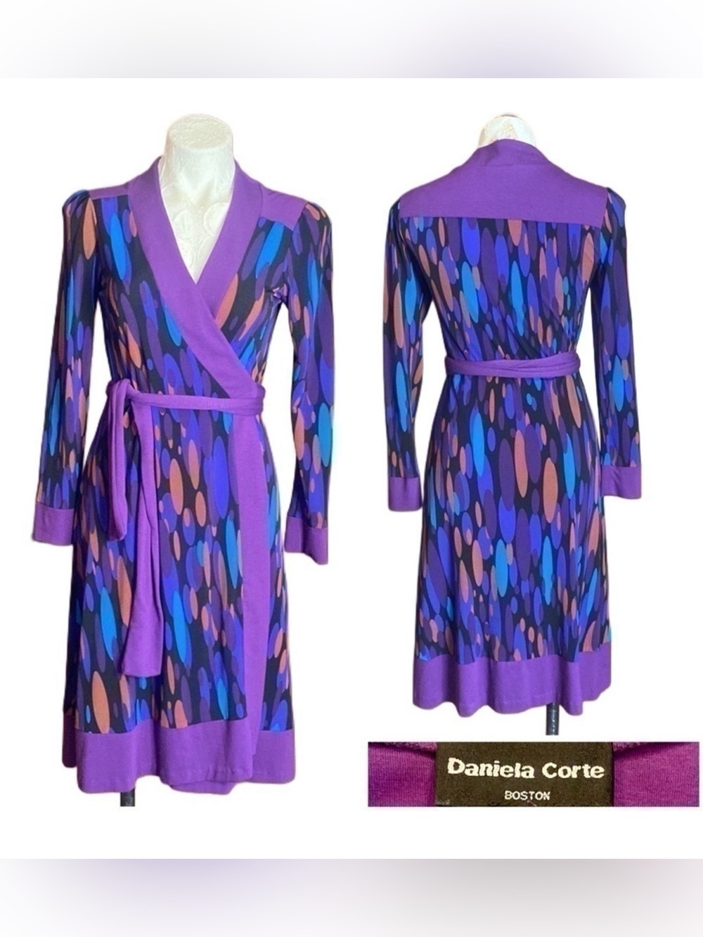 VTG DANIELA CORTE faux wrap dress jersey purple kaleidoscope mod psychedelic S